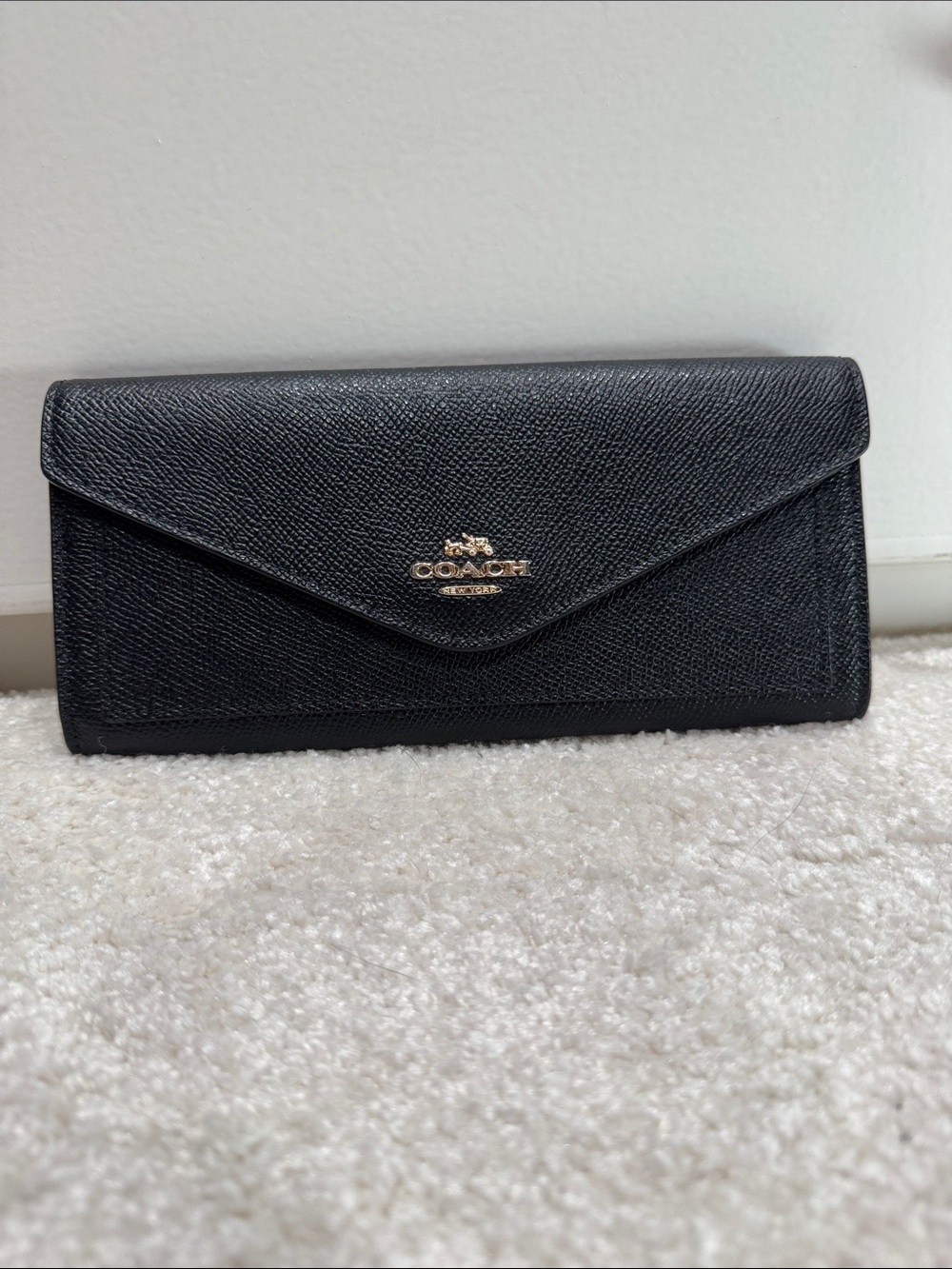 Coach Black Pebbled Leather Envelope Wallet with Gold Logo